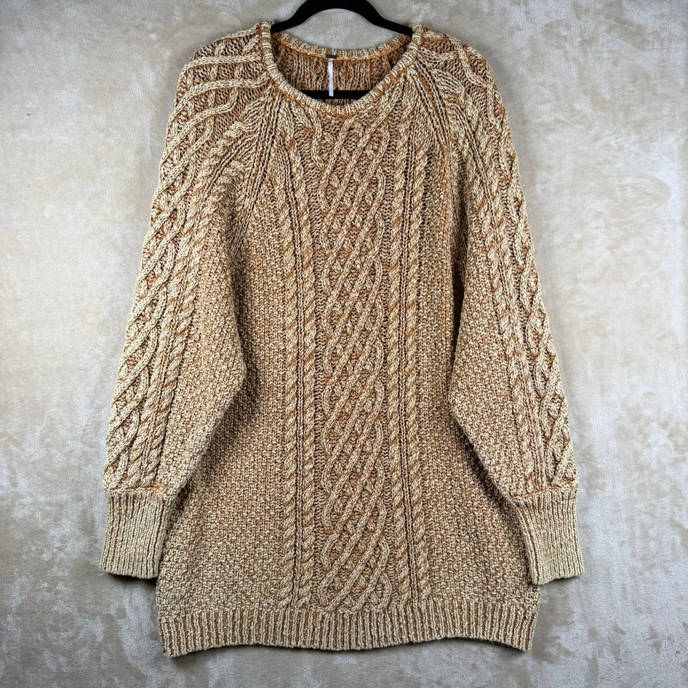 Free People Tan Yellow L Cable Knit Oversized Tunic Sweater Cotton Ramie Blend